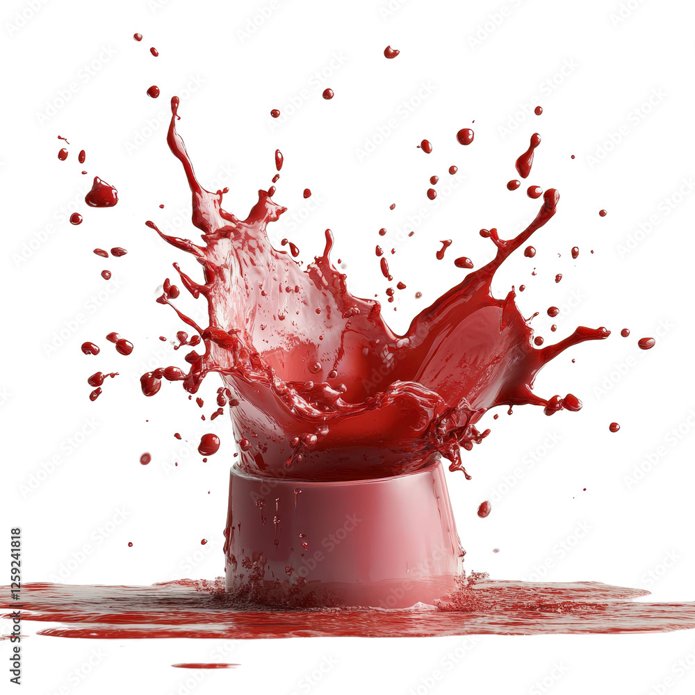 Poster red liquid splashing out of a pink cup creating dynamic motion on a white background on white backgr