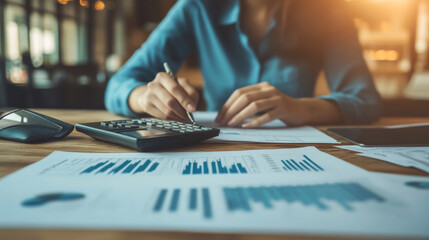 An accountant is reviewing financial reports at their desk, using a calculator to manage business accounting and financial planning