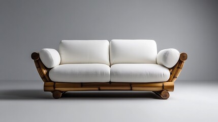 Elegant Bamboo and White Fabric Sofa: Modern Minimalist Design