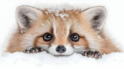 Obraz premium Cute fox kit peeking from snow, winter scene, wildlife
