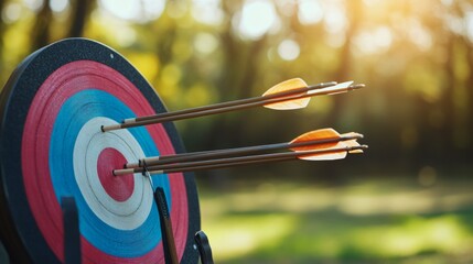 Archery equipment arranged with a target. Featuring a bow, arrows, and a target board. Highlighting the precision and focus of archery practice. Ideal for archery blogs and sports training guides.