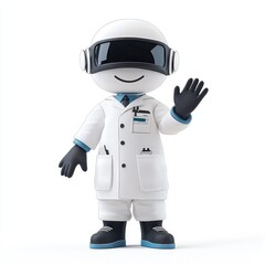 Naklejka premium Friendly Robot Scientist: AI in Science, 3D Render of a Futuristic Character in a Lab Coat, Welcoming Gesture