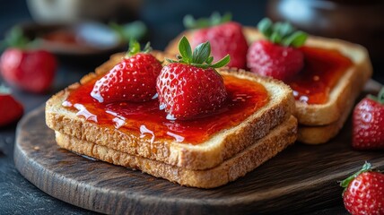 This delightful breakfast features slices of golden toast generously spread with sweet jam and topped with ripe strawberries. Perfect for starting the day
