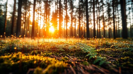 Obraz premium Glowing Sunlight Through Tall Trees Enchanted Forest Nature Photography Tranquil Environment Low Angle Serenity and Magic