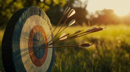 Archery target with arrows in a grassy field. Featuring arrows embedded in the target. Emphasizing skill and precision. Ideal for sports and practice themes.