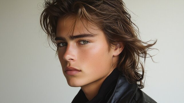 stylish mullet hairstyle features short front layers and longer textured back strands. modernized portrait captures essence of both retro flair and contemporary chic aesthetics.