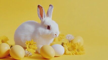 White rabbit surrounded by yellow and white flowers with colorful eggs on a bright yellow background during spring celebration