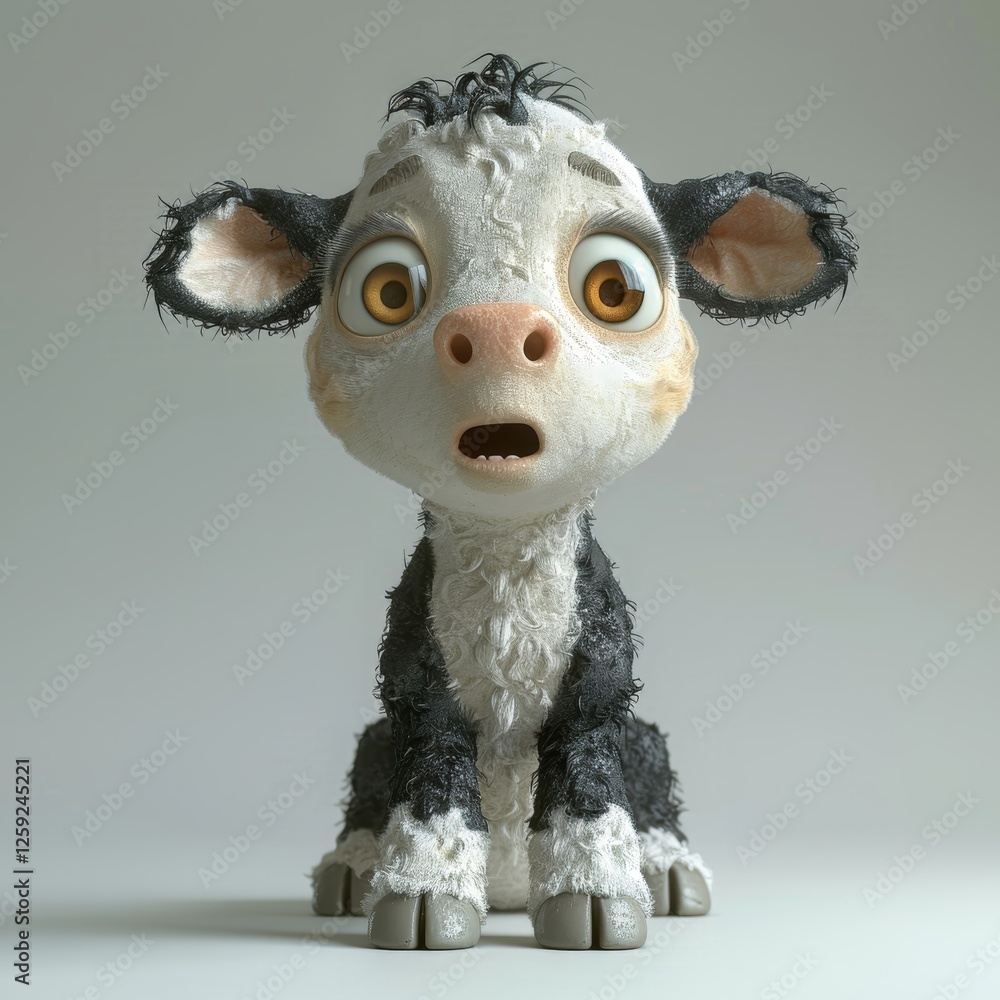 Poster a cartoon cow character stands with wide eyes and a surprised expression showcasing its unique black