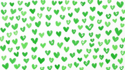 Many green hearts drawn on a white sheet of paper. A moment of realizing your loneliness. A greeting card for Single Awareness Day. Doodles of hearts scattered across the page, simple and hand-drawn