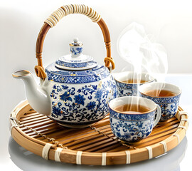 The image showcases a beautiful blue and white porcelain tea set, featuring a teapot with a bamboo handle and three steaming cups of tea, all elegantly arranged on a bamboo tray.