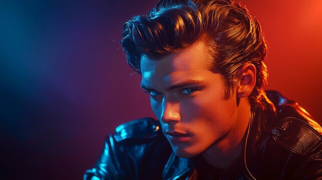 young man voluminous wave greaser haircut and slicked back sides exudes confidence. vibrant lighting enhances shine of his pomade styled look making bold statement.