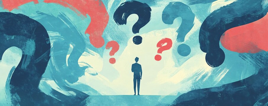 Businessman standing under question marks feeling small and insecure