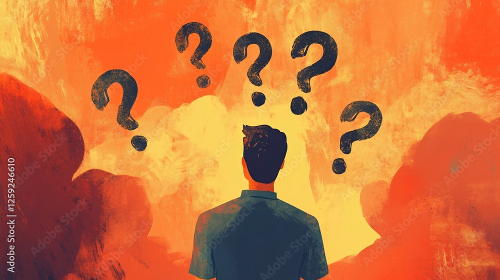 Aufkleber man looking up at question marks on orange grunge background