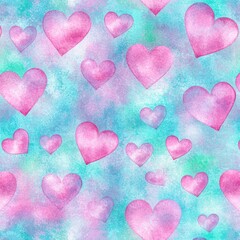 Obraz premium Dreamy Pastel Pink and Blue Watercolor Background with Heart Shapes for Creative Projects