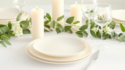 Elegant Table Setting with Candles, Fine Glassware, and Greenery for Special Occasions and Celebrations