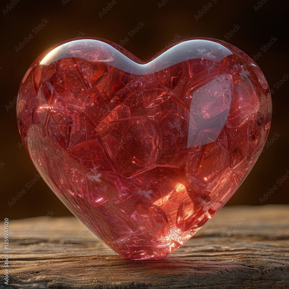 Poster a vibrant red heart crafted from multifaceted glass shines with inner light. it rests elegantly on a