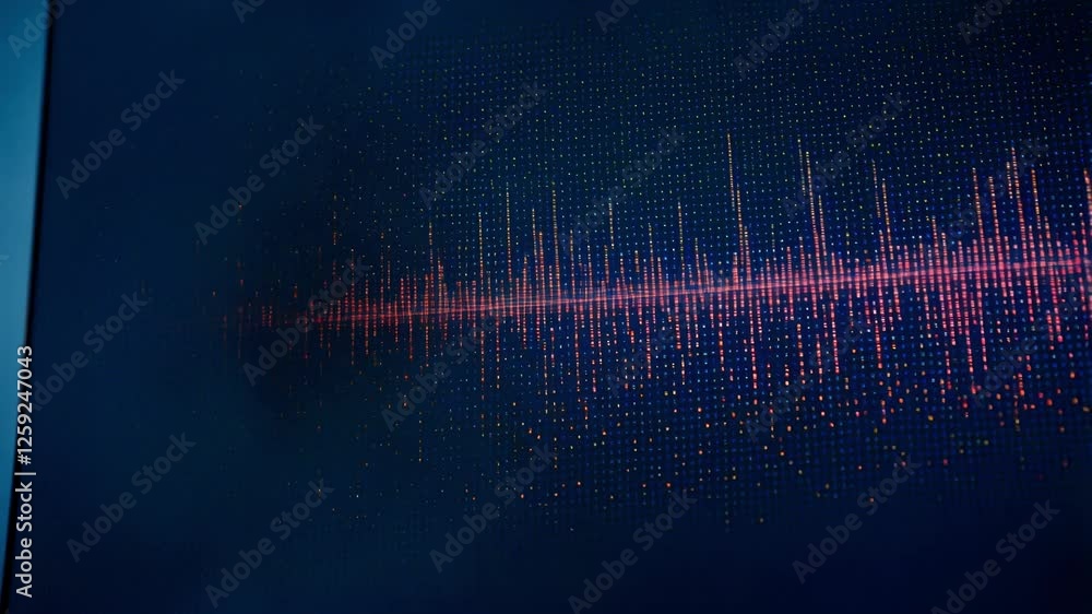 Poster red digital audio waveform is expanding on a dark blue background with small yellow dots, creating a
