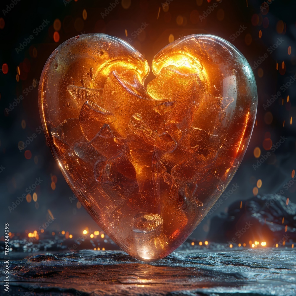 Poster a striking red heart made of glass glows from within showcasing numerous facets. it stands out again