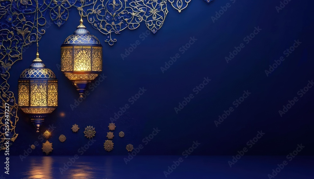 Poster intricate gold lanterns illuminate a deep blue background, adorned with ornate golden patterns. spar