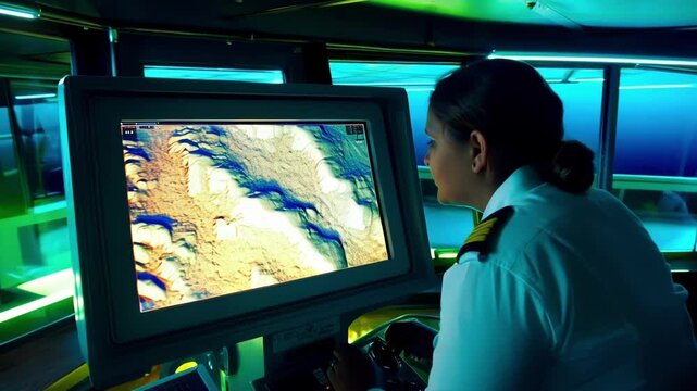 Female ship captain skillfully navigates vessel through ocean, utilizing advanced sonar technology to monitor seabed topography and ensure safe passage