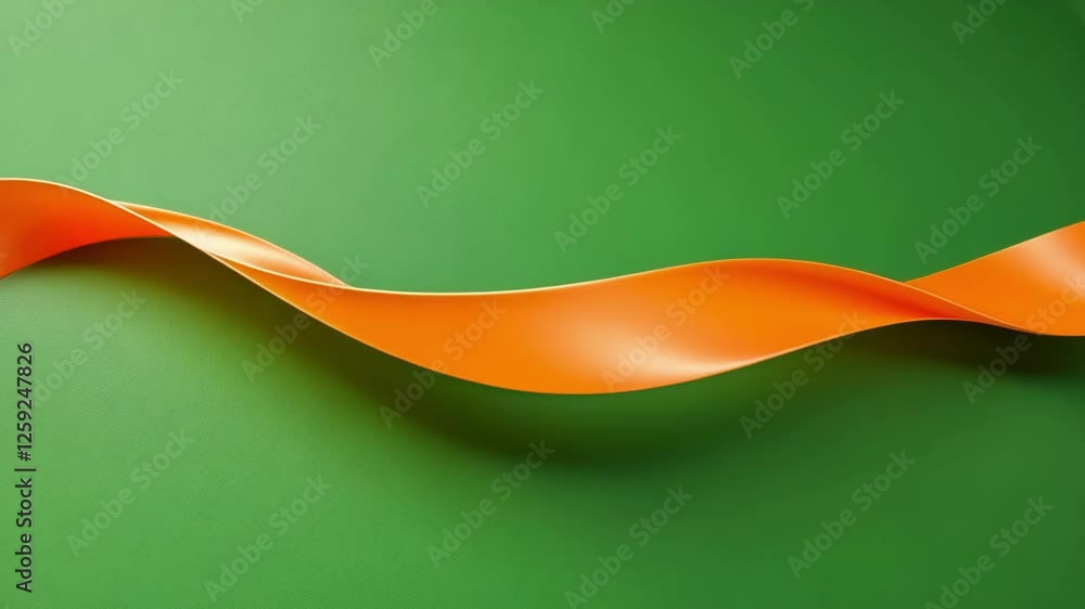 Poster vibrant orange ribbon flowing and smoothly waving against chroma key green screen, creating dynamic 