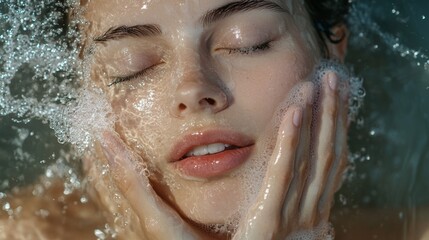 Young woman enjoys a refreshing facial cleanse underwater during a relaxing spa session in a serene environment