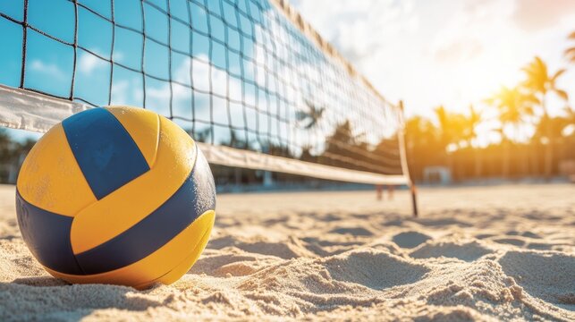Beach volleyball gear on a sandy beach. Featuring a volleyball net, ball, and court markers. Highlighting the activity of beach volleyball. Ideal for sports blogs and beach games guides.