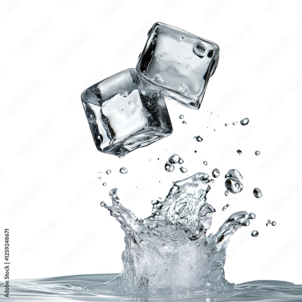 Poster ice cubes falling into water creating ripples and splashes in clear liquid background isolated on a 