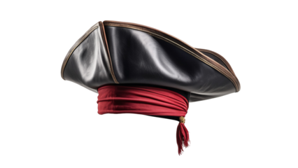Black leather pirate hat with a red band suitable for Halloween costumes, themed parties, and cosplay events. Classic accessory.
