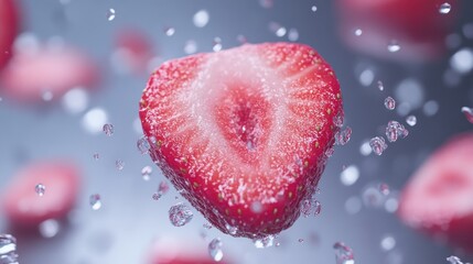 Fototapeta premium Sliced strawberry splashing water, studio shot, food advertising