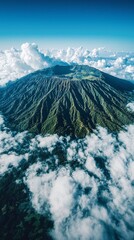 Obraz premium HD Phone Wallpaper Majestic Aerial View of Lush Green Volcano Peak Surrounded by Clouds