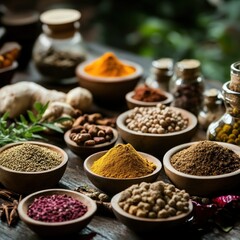 Fototapeta premium Aromatic spices displayed on rustic wood, vibrant foliage backdrop, culinary & wellness use