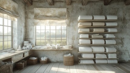 Rustic Laundry Room with Stacked Towels and Natural Light