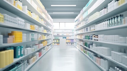 Fototapeta premium Modern store aisle, bright products, clean display, sunlight, retail