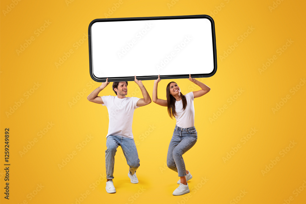 Poster millennial couple holding huge heavy smartphone with white empty screen on yellow orange studio back