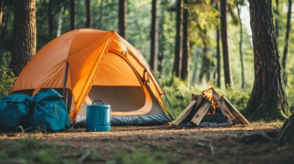 Camping gear and setup. Featuring tents, sleeping bags, and campfires in a tranquil setting. Ideal for outdoor enthusiasts.