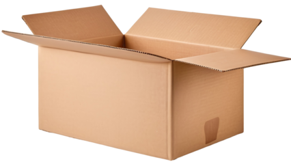 Open cardboard box revealing contents, suitable for shipping, delivery, unpacking concepts in web designs, social media posts, and product packaging.