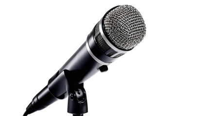 Black microphone with a silver grille perfect for music studio recording, podcasting, live performances, and professional speeches on stage.