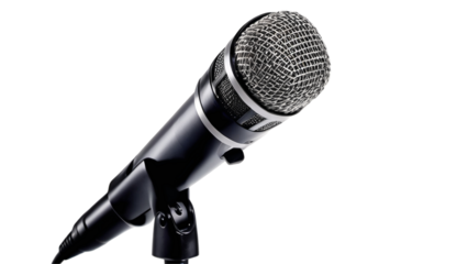 Black microphone with a silver grille perfect for music studio recording, podcasting, live performances, and professional speeches on stage.