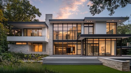 Fototapeta premium Modern Architectural Masterpiece, Luxury Home at Dusk
