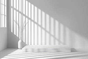 Fototapeta premium Espaço minimalista com luz natural projetando sombras dramáticas, apresentando um pódio simples e elementos decorativos sutis, criado com IA generativa