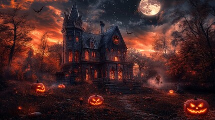 Haunted house glowing in the light of the full moon on halloween night