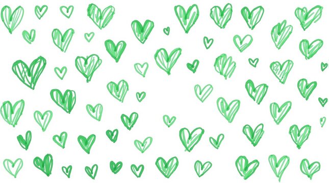 Doodles of Hand-drawn Green Hearts on a White Background. Greeting Card or Image for Singles Awareness Day