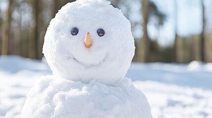 Obraz premium Snowman in winter forest, cheerful face, joyful creation, outdoors
