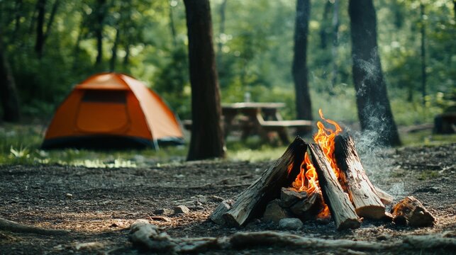 Camping tent with outdoor gear spread out. Featuring a tent, sleeping bags, and camping tools. Highlighting the camping setup and outdoor comfort. Ideal for camping blogs and outdoor adventure guides.
