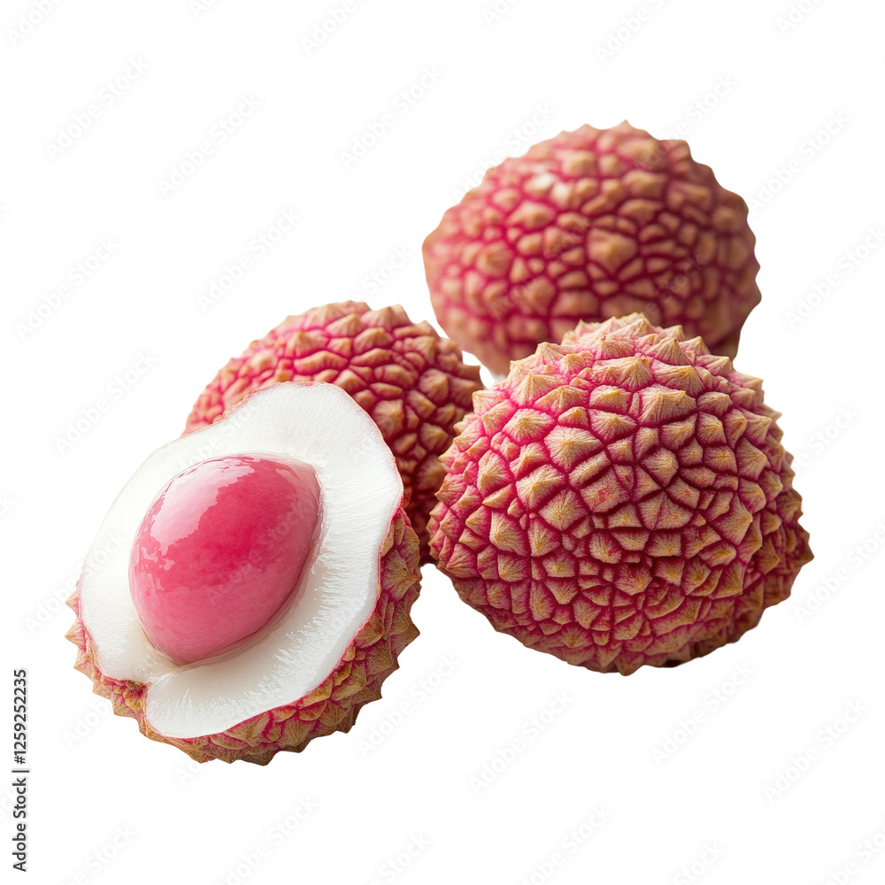 Aufkleber close up of ripe raspberry with half of raspberry showing fresh juicy texture isolated on a white ba