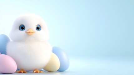 Adorable Fluffy Chick Nestled Among Colorful Easter Eggs