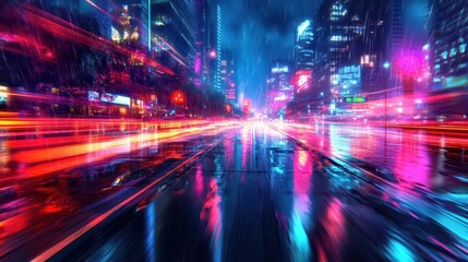 Fototapeta premium Abstract Futuristic Speed Motion on Neon-Lit Highway with Glowing Light Trails and Dynamic Perspective