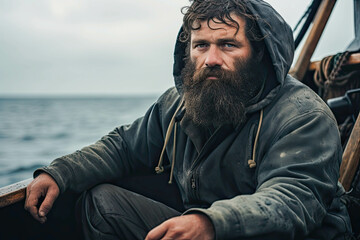 Obraz premium Rugged fisherman with a beard, deep in thought, aboard his wooden boat, with a backdrop of gloomy seas and overcast skies