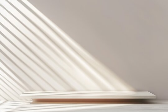 Espa&ccedil;o minimalista com luz natural projetando sombras dram&aacute;ticas, apresentando um p&oacute;dio simples e elementos decorativos sutis, criado com IA generativa